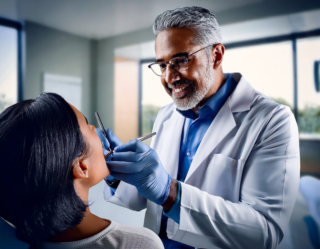 firefly professional male dentist in his late 40s to early 50s, gray hair and well groomed be 64264